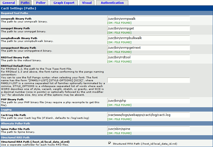 Figure depicting Cacti Settings (Paths)